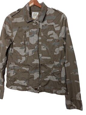 Old Navy Womens Medium Jacket Brown Gray Camouflage Military Utility Lightweight